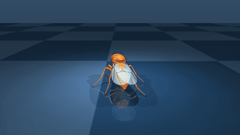 Lateral view of the reinforcement-learning reference policy walking the virtual fly body.